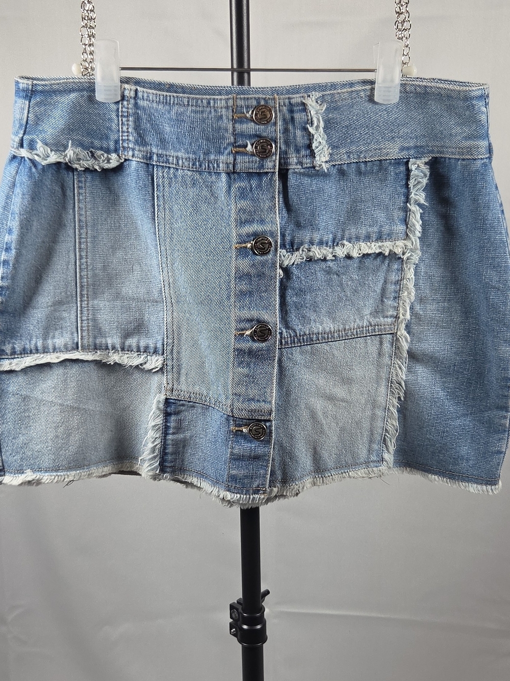 Vintage 90s Y2K Squeeze Patchwork Light Blue Frayed Denim Mini Skirt